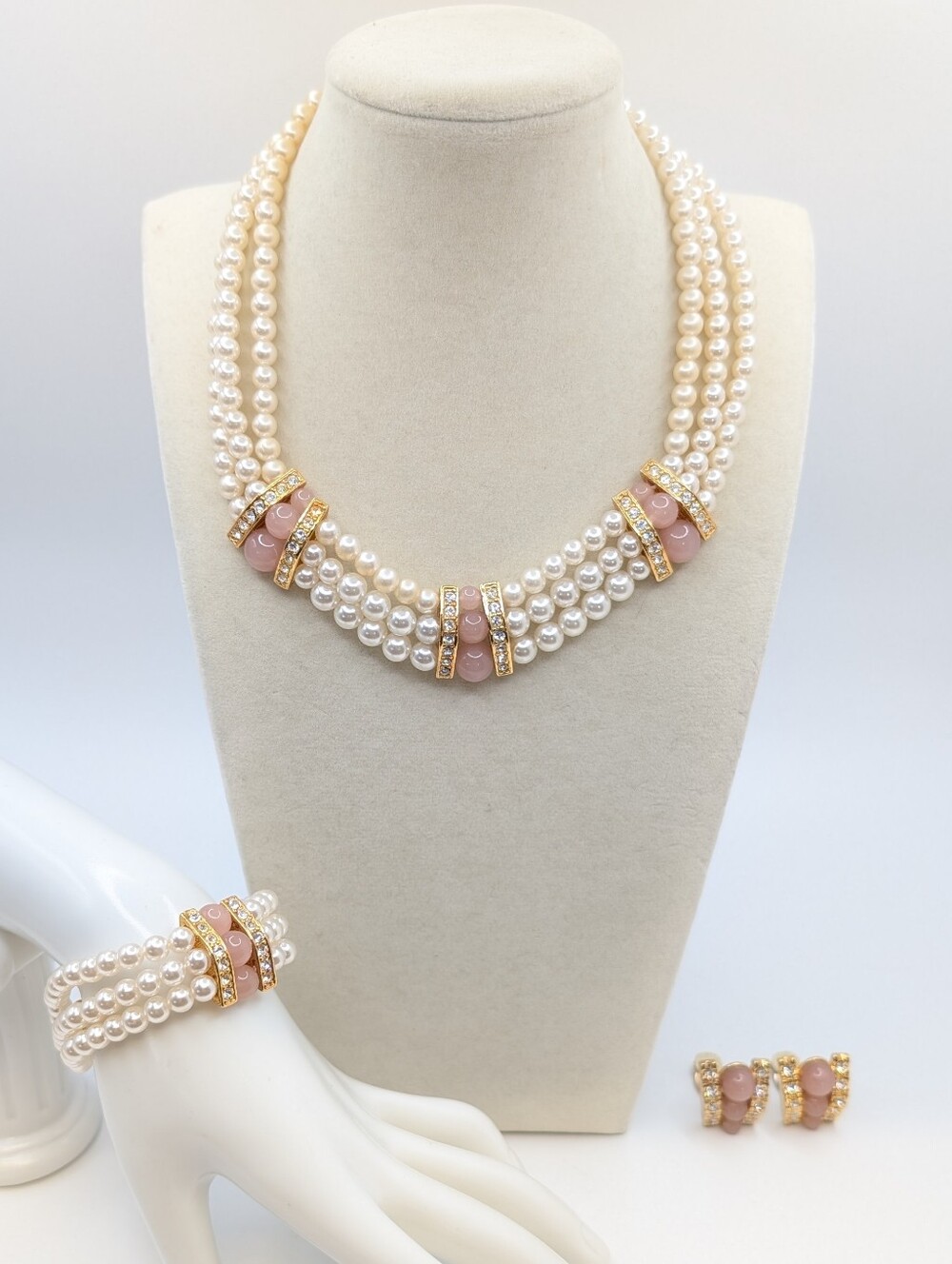 Vintage Triple Strand Faux Pearl and Pink Glass Parure